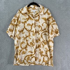 Vintage Bogari Baroque Gold Scroll Silk Button Up Shirt Women M Luxe Yacht Rock
